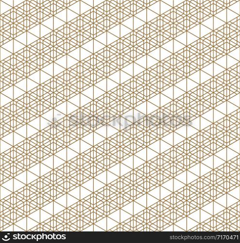 Japanese seamless geometric pattern .Gold silhouette lines.For design template,textile,fabric,wrapping paper,laser cutting and engraving.Hexagon grid.Medium thickness lines. Seamless traditional Japanese geometric ornament .Golden color lines.