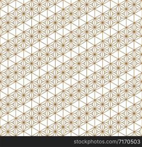 Japanese seamless geometric pattern .Gold silhouette lines.For design template,textile,fabric,wrapping paper,laser cutting and engraving.Hexagon grid.Medium thickness lines. Seamless traditional Japanese geometric ornament .Golden color lines.