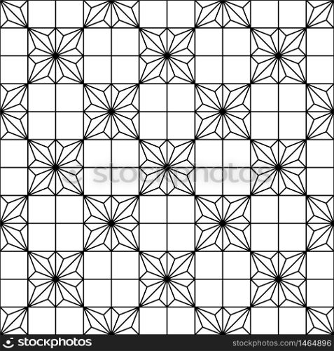 Japanese seamless geometric woodwork pattern .Black and white silhouette with average lines.For wrapping,fabric,textile,disign template,laser cutting.Square grid.. Seamless traditional Japanese geometric ornament .Black and white.