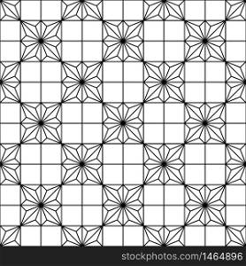 Japanese seamless geometric woodwork pattern .Black and white silhouette with average lines.For wrapping,fabric,textile,disign template,laser cutting.Square grid.. Seamless traditional Japanese geometric ornament .Black and white.