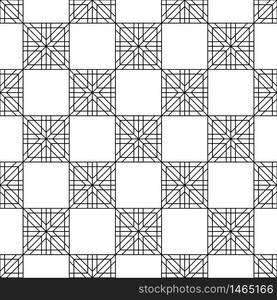 Japanese seamless geometric woodwork pattern .Black and white silhouette with average lines.For wrapping,fabric,textile,disign template,laser cutting.Square grid.Chess order.. Seamless traditional Japanese geometric ornament .Black and white.