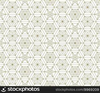 Japanese seamless Kumiko pattern in golden with fine lines.A combination of four types of ornaments.. Seamless traditional Japanese ornament Kumiko.Golden color lines.