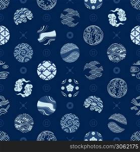 Japanese seamless pattern and wallpaper vector. Design for fabric print, cover book, background, textiles, decoration. Water wave, wind,cloud,porcelain,textiles,geometric vintage style