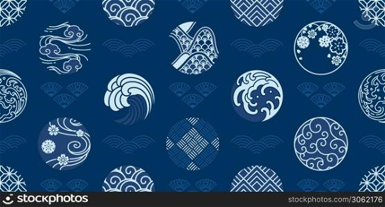 Japanese seamless pattern and wallpaper vector. Water wave, wind,cloud,porcelain,textiles,sakura,geometric vintage style.