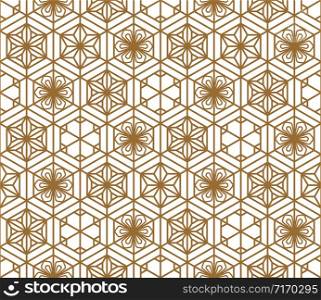 Japanese seamless pattern in style Kumiko.For template,fabric,shoji screens,textile,wrapping paper,laser cutting and engraving. Japanese pattern background vector.Compound ornament.Hexagon grid. Seamless japanese pattern shoji kumiko in golden.