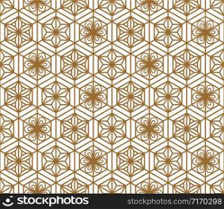 Japanese seamless pattern in style Kumiko.For template,fabric,shoji screens,textile,wrapping paper,laser cutting and engraving. Japanese pattern background vector.Compound ornament.Hexagon grid. Seamless japanese pattern shoji kumiko in golden.
