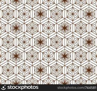 Japanese seamless pattern in style Kumiko.For template,fabric,shoji screens,textile,wrapping paper,laser cutting and engraving. Japanese pattern background vector.Hexagon grid.MEDIUM thickness.. Seamless japanese pattern shoji kumiko in golden.