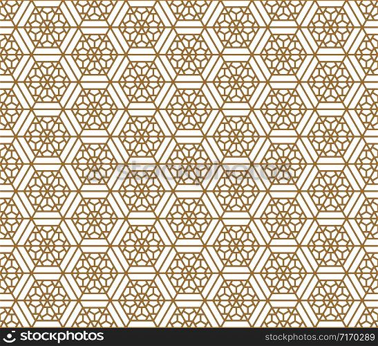 Japanese seamless pattern in style Kumiko.For template,fabric,shoji screens,textile,wrapping paper,laser cutting and engraving.Compound ornament.Hexagon grid.ROUNDED corners.. Seamless japanese pattern shoji kumiko in golden.