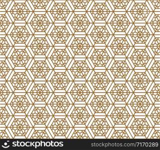 Japanese seamless pattern in style Kumiko.For template,fabric,shoji screens,textile,wrapping paper,laser cutting and engraving.Compound ornament.Hexagon grid.ROUNDED corners.. Seamless japanese pattern shoji kumiko in golden.