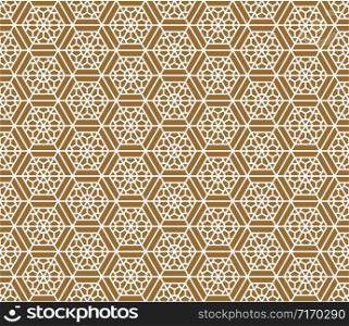 Japanese seamless pattern in style Kumiko.Golden color background and white lines.For template,fabric,shoji screens,textile,wrapping paper,laser cut and engraving.Compound ornament.ROUNDED corners.. Seamless traditional Japanese ornament.Golden color background.White lines.