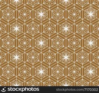 Japanese seamless pattern in style Kumiko.Golden color background and white lines.For template,fabric,shoji screens,textile,wrapping paper,laser cut and engraving.MEDIUM thickness.. Seamless traditional Japanese ornament.Golden color background.White lines.