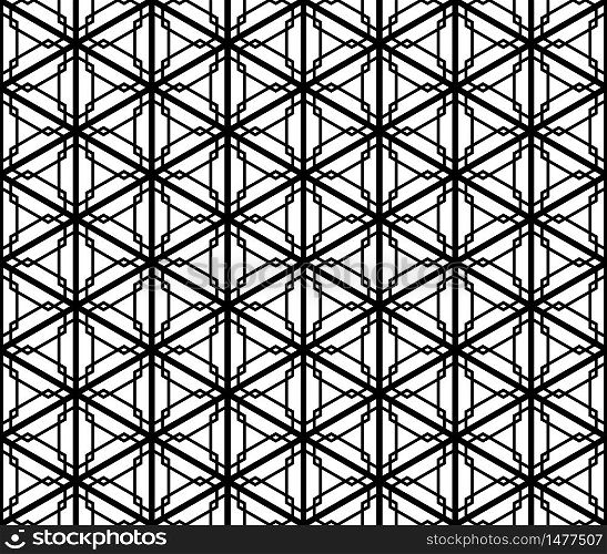 Japanese seamless pattern Kumiko black and white silhouette lines with a large and average thickness. Seamless traditional Japanese ornament Kumiko