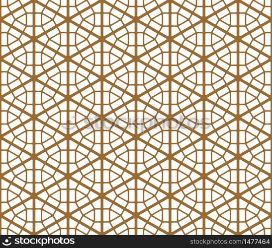 Japanese seamless pattern Kumiko.Silhouette with thick and average golden lines.Rounded corners.. Seamless traditional Japanese ornament Kumiko.Golden color lines.