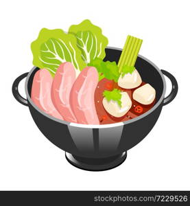 Japanese soup with sliced pork color icon. Tofu ma po. Asian dish in bowl. Eastern traditional cuisine. Spicy tofu with meat chops. Chinese food with beaf and vegetables. Isolated vector illustration. Japanese soup with sliced pork color icon