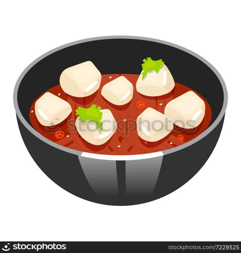 Japanese soup with spicy tofu color icon. Asian dish in black bowl. Eastern traditional restaurant cuisine. Chinese homemade food. Restaurant cooking recipe. Isolated vector illustration. Japanese soup with spicy tofu color icon