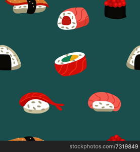 Japanese sushi and rolls. Seamless pattern. Vector illustration.