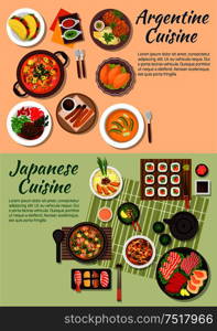 Japanese sushi and sashimi with argentine empanadas and tortillas symbol, miso soup and seafood cazuela, tofu and shrimp soup with beef shank and pork chop, beef with mushrooms and avocado soup, green tea and hot chocolate with churros. Popular argentine and japanese food flat icon