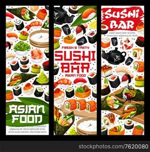 Japanese sushi bar banners of maki rolls, salmon and eel sashimi or tobiko ikura roll. Vector Asian cuisine restaurant suhsi and rice in nori, ebi shrimp or unagi temaki and inari futomaki. Japanese sushi and rolls, Asian food bar banners