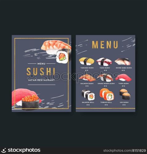Japanese Sushi collection for restaurant menu. Design template with watercolour illustrations.