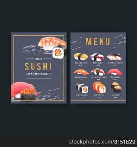 Japanese Sushi collection for restaurant menu. Design template with watercolour illustrations.