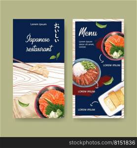 Japanese Sushi, Design with food watercolor illustrations. Blue-toned vector illustration template.