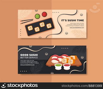 Japanese Sushi or Asian Food Horizontal Banner Flat Cartoon Hand Drawn Templates Illustration