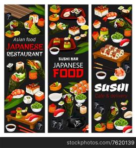 Japanese sushi restaurant and Asian cafe delivery menu. Vector Japan cuisine bar sushi and maki rolls, wasabi, ginger and soy sauce, rice with chopsticks and tea pot with cups and salmon sashimi. Japanese sushi cafe and Asian food delivery menu