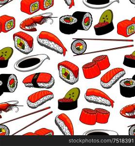 Japanese sushi seamless background with pattern of rolls and nigiri sushi with salmon, tuna, red caviar, avocado and lotus roots, served with chopsticks and soy sauce. Japanese food seamless pattern background
