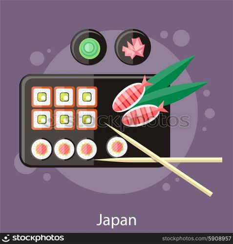 Japanese sushi traditional japanese food. Roll made of salmon. Concept in flat design. Japanese sushi