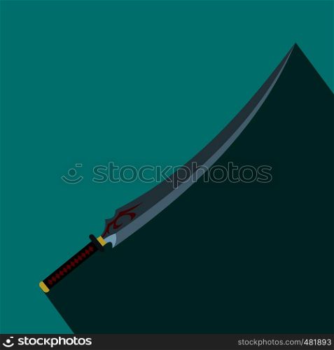 Japanese sword flat icon on a blue background. Japanese sword flat icon