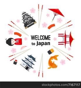 Japanese symbols round emblem isolated on white background, with carp fish, temples and oriental umbrella, vector illustration. Japanese symbols round emblem