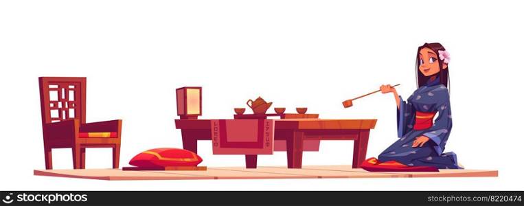 Japanese tea ceremony. Girl in kimono and traditional wooden furniture of chinese living room. Vector cartoon illustration with geisha, cups and teapot on table, chair and red cushions. Japanese tea ceremony and girl in kimono