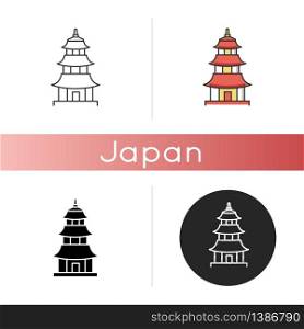 Japanese temple icon. Buddhist pagoda structure. Traditional shinto temple. Japanese style castle. Oriental architecture. Linear black and RGB color styles. Isolated vector illustrations. Japanese temple icon