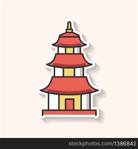 Japanese temple patch. Buddhist pagoda structure. Traditional shinto temple. Japanese style castle. Oriental architecture. RGB color printable sticker. Vector isolated illustration. Japanese temple patch. Buddhist pagoda structure