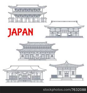 Japanese temples, shrines and Japan pagodas, Kyoto Buddhism architecture landmarks, vector. Ryoan-ji Zen temple, Nanzen-ji, Tofuku-ji, Horyu-ji and Fushimi Inari-taisha shrine house. Japanese temples, shrines, Japan pagodas landmarks