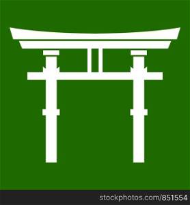 Japanese torii icon white isolated on green background. Vector illustration. Japanese torii icon green