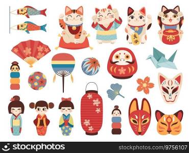 Japanese toys. National cultural lucky items, asian fortune symbols, daruma, maneki cat and kokeshi dolls, traditional masks and lights. Origami crane and paper fan vector cartoon flat isolated set. Japanese toys. National cultural lucky items, asian fortune symbols, daruma, maneki cat and kokeshi dolls, traditional masks and lights. Origami crane and paper fan vector cartoon set