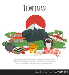 Japanese tradition Symbols Poster. Japanese national symbols with i love japan tagline color poster flat vector illustration