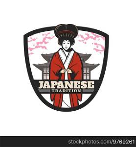 Japanese tradition vector icon, geisha in kimono in emperor palace. Japan culture, travel landmarks, sightseeing, history and traditional art of geisha, woman in kimono at Japanese temple. Japanese tradition icon, geisha in kimono, temple