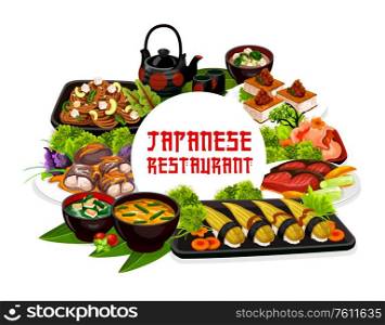Japanese traditional cuisine dishes and food meals. Vector Japanese nigiri sushi, meat and tofu steak with kakitama egg jira soup, fried pacific salmon with soy sauce and wakame udon noodles. Japanese cuisine traditional food, snacks, drinks