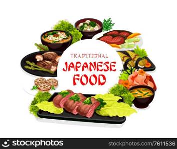 Japanese traditional cuisine sushi, seafood and noodles, fried pacific salmon with soy sauce, butanico no harasiyake and Japanese roast beef dishes. Japanese restaurant food menu, vector. Japanese traditional food, Asian cuisine dishes