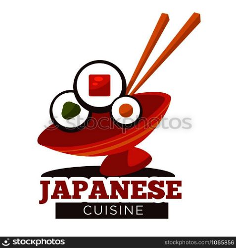 Japanese traditional food, meal made of rice and fish meat vector. Served sushi with sauces and wooden chopsticks. Dish in bowl, oriental style of eating and dieting, Japan and asian products. Japanese traditional food, meal made of rice and meat