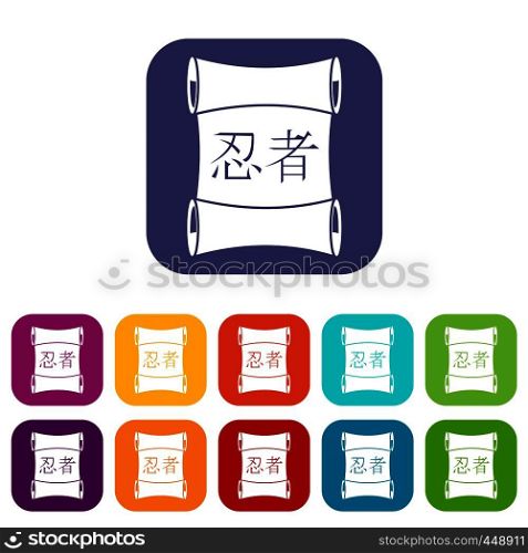 Japanese traditional scroll icons set vector illustration in flat style In colors red, blue, green and other. Japanese traditional scrol icons set flat