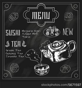 Japanese traditional sushi restaurant blackboard advertisement with green powdered jasmine matcha tea in earthenware teapot vector illustration