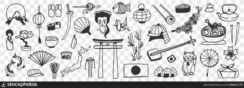 Japanese traditional symbols doodle set. Collection of hand drawn Japanese oriental asian sakura geisha fan foods sabo shoes tea in pot origami netsuke sushi isolated on transparent background. Japanese traditional symbols doodle set