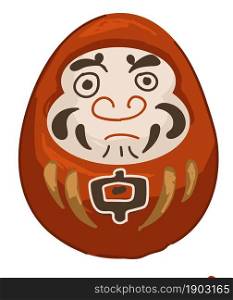 Japanese traditions and customs, isolated daruma doll with hieroglyph and frown face. Mascot or symbol of luck and happiness, ancient sign or present. Angry asian masks. Vector in flat styles. Daruma doll, japanese tradition of wishing luck