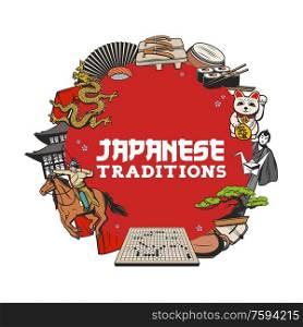 Japanese traditions vector icon with Asian culture bonsai tree, sushi food and paper fan. Temple pagoda, origami crane and tea set, samurai in kimono, maneki neko cat and drum, dragon, geta, shamisen. Japanese sushi, bonsai, pagoda and sakura icon