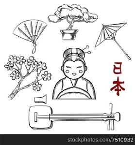 Japanese travel and cultural sketch icons with cherry blossom, fan, bonsai, umbrella and calligraphy around a Geisha girl with text Japan below. Japanese travel and cultural sketch icons