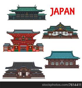 Japanese travel landmarks with vector buildings of Tokyo. Thin line temple pagodas of Buddhist Gokoku-ji, Sengaku-ji and Confucian Yushima Seido, Imperial Shrine of Yasukuni and Kanda Myojin Shrine. Japanese travel landmarks of Tokyo buildings