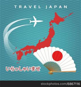 Japanese travel poster. Japanese travel vector poster with japan map, airplane and fan on blue waves background